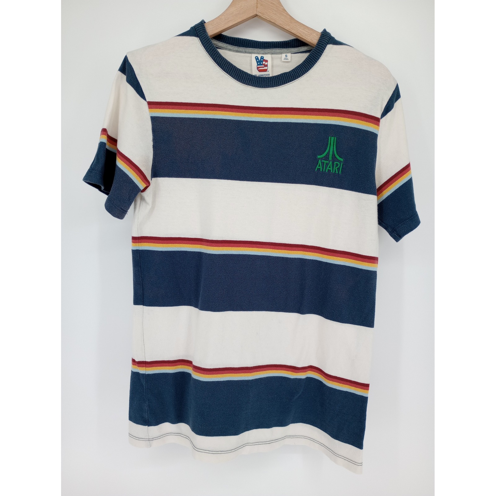 Junk Food Atari Graphic Tee Mens Small White Blue Striped Retro Embroidered Logo
